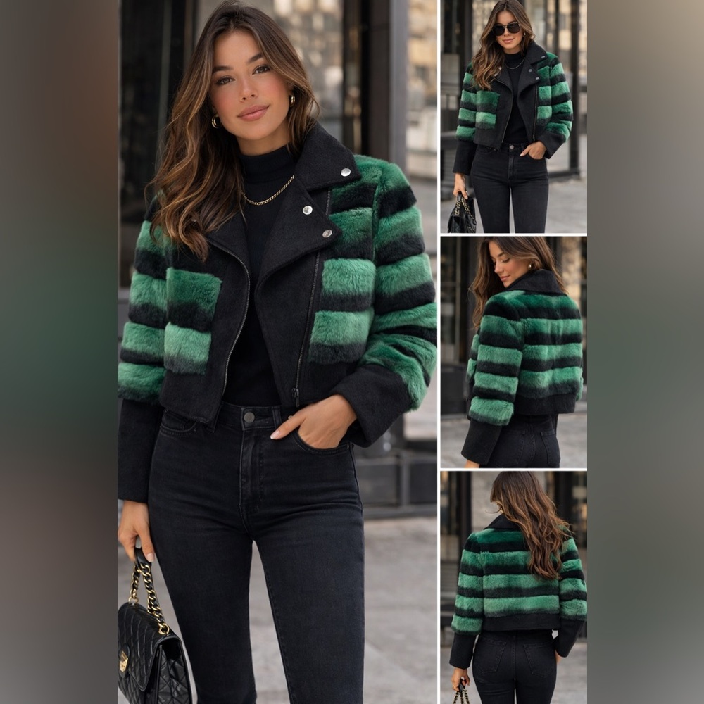 Striped Green and Black Wool & Rex Women's Jacket